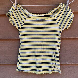Justice Girls Yellow & Navy Striped Ribbed Top Lettuce Trim Short Sleeve Size 12